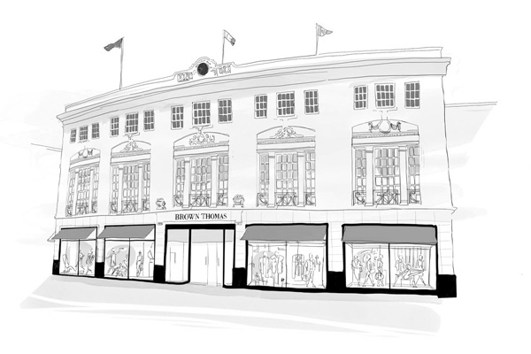 Sketch of a multi-story building with flags, large windows, and 'Brown Thomas' written above the entrance.