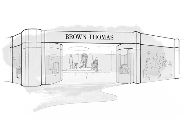 Sketch of a Brown Thomas store entrance with window displays and a curved facade.