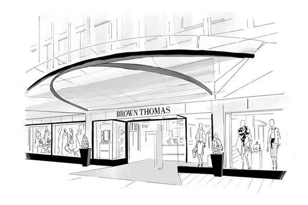 Black-and-white sketch of the Brown Thomas store entrance with window displays and shoppers.

