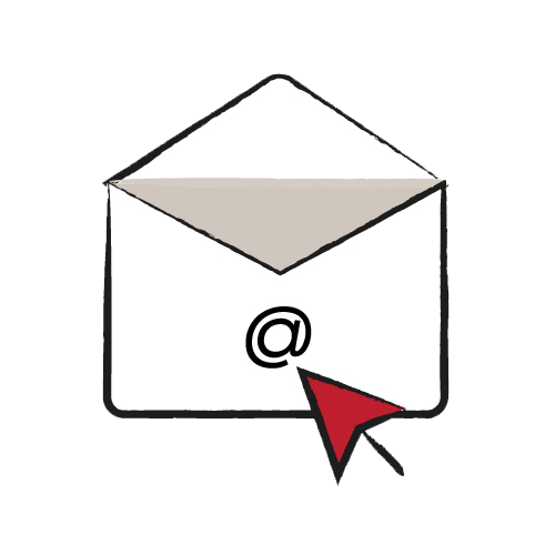 An open envelope with an '@' symbol and a red cursor arrow on it.